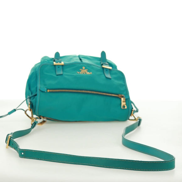 PRADA Shoulder Bag Nylon Turquoise Blue Gold Auth 171551A