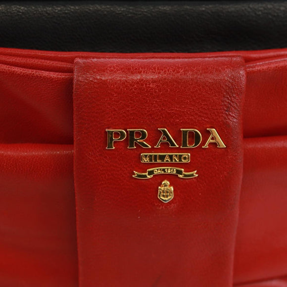 PRADA lint Schoudertas Leer Zwart Rood goud Auth 171555V