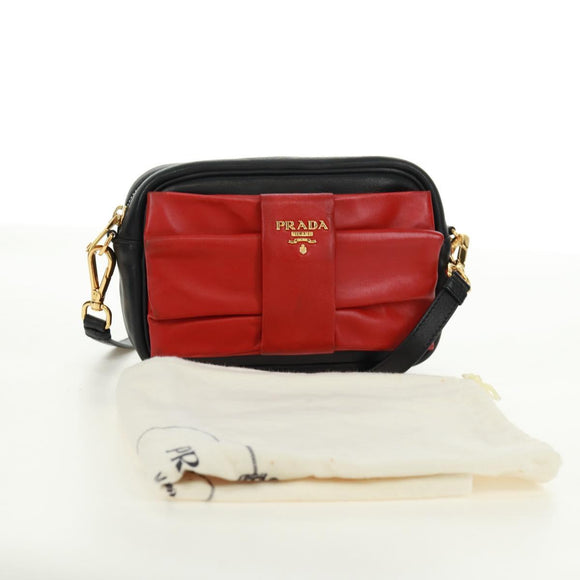 PRADA lint Schoudertas Leer Zwart Rood goud Auth 171555V