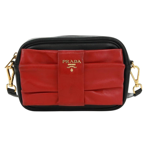 PRADA lint Schoudertas Leer Zwart Rood goud Auth 171555V
