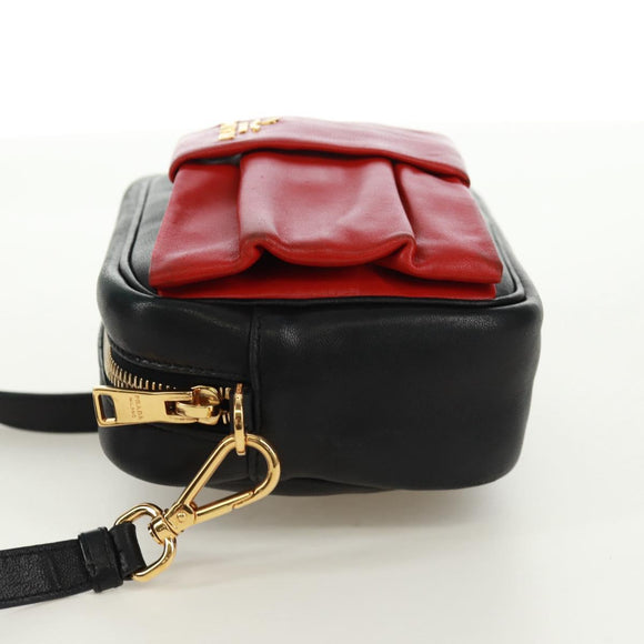 PRADA lint Schoudertas Leer Zwart Rood goud Auth 171555V