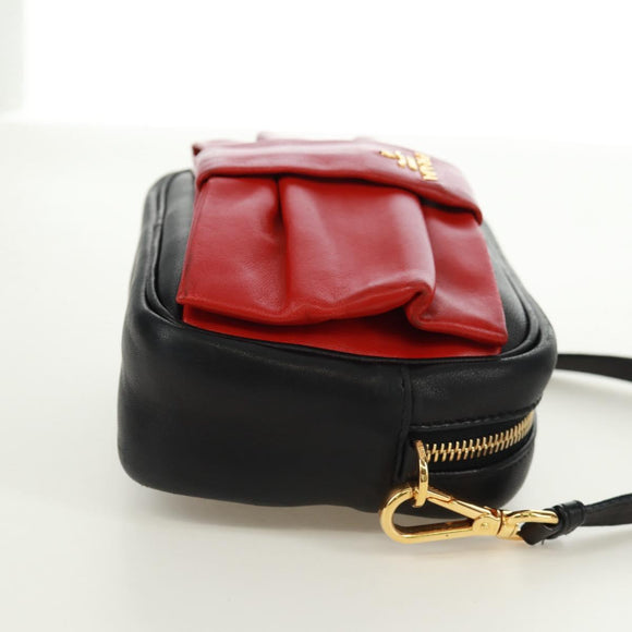 PRADA lint Schoudertas Leer Zwart Rood goud Auth 171555V