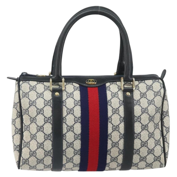 GUCCI GG Supreme Sherry Line Boston Bag PVC Navy Gold 010 47 301 Auth 171571