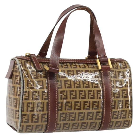 FENDI Zucchino Canvas Boston Bag Patent leather Brown Gold Auth 171572