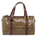 FENDI Zucchino Canvas Boston Bag Patent leather Brown Gold Auth 171572-2
