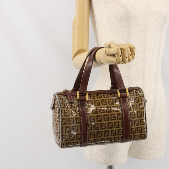 FENDI Zucchino Canvas Boston Bag Patent leather Brown Gold Auth 171572