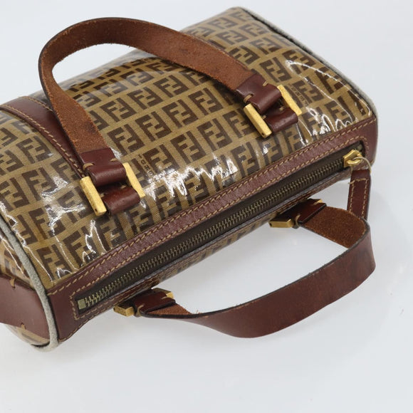 FENDI Zucchino Canvas Boston Bag Patent leather Brown Gold Auth 171572
