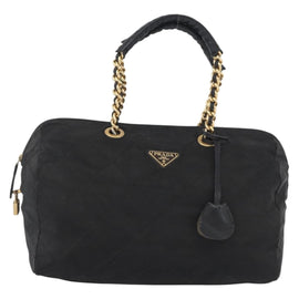 PRADA Chain Hand Bag Nylon Black Gold Auth 171579 - 0