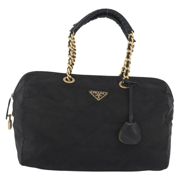 PRADA Chain Hand Bag Nylon Black Gold Auth 171579