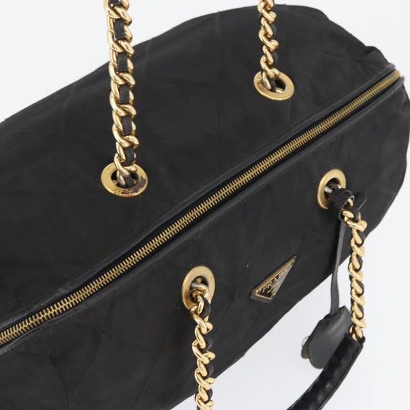PRADA Chain Hand Bag Nylon Black Gold Auth 171579