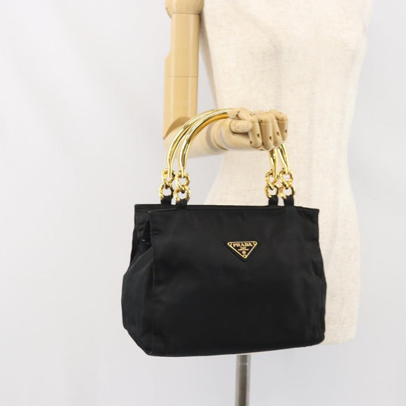 PRADA Hand Bag Nylon Black Gold Auth 171614