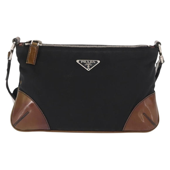 PRADA Schoudertas Nylon Zwart Zilver Auth 171630