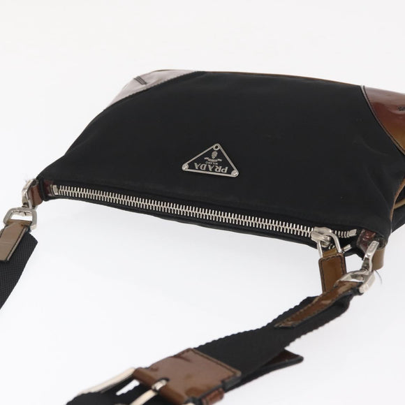 PRADA Schoudertas Nylon Zwart Zilver Auth 171630