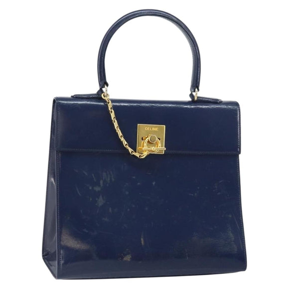 CELINE Hand Bag Leather Navy Gold Auth 171637
