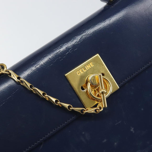 CELINE Hand Bag Leather Navy Gold Auth 171637