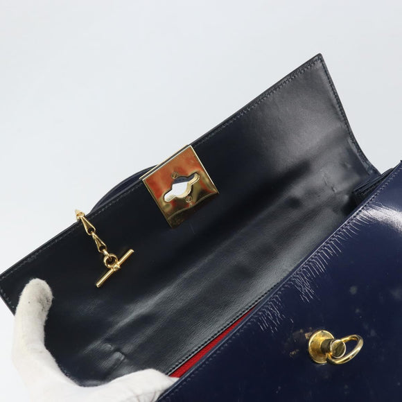 CELINE Hand Bag Leather Navy Gold Auth 171637