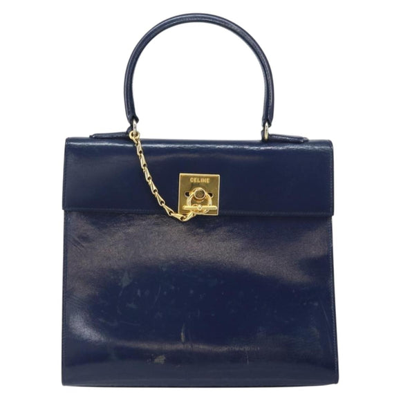 CELINE Hand Bag Leather Navy Gold Auth 171637