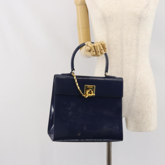 CELINE Hand Bag Leather Navy Gold Auth 171637