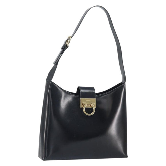 Salvatore Ferragamo Gancini Schultertasche Lackleder Gold Schwarz Auth 171642