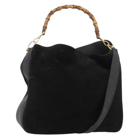 GUCCI Bamboo Shoulder Bag Suede 2way Black Gold 001 2058 1577 Auth 171654