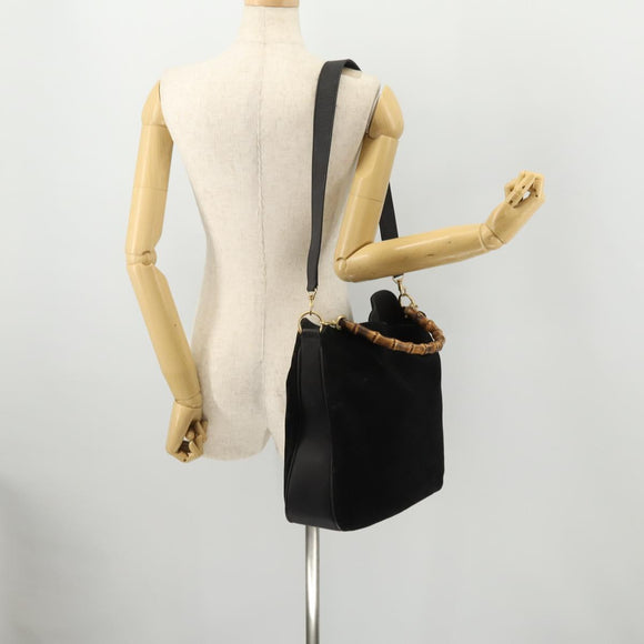 GUCCI Bamboo Shoulder Bag Suede 2way Black Gold 001 2058 1577 Auth 171654