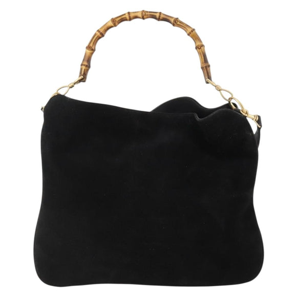 GUCCI Bamboo Shoulder Bag Suede 2way Black Gold 001 2058 1577 Auth 171654