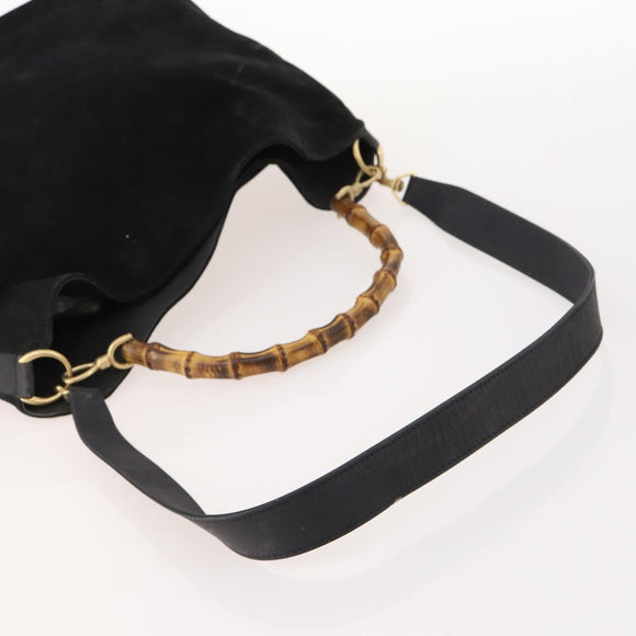 GUCCI Bamboo Shoulder Bag Suede 2way Black Gold 001 2058 1577 Auth 171654