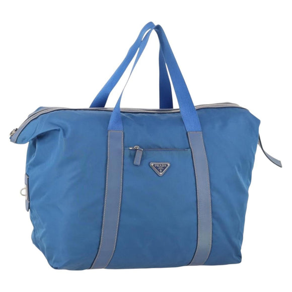 PRADA Boston Bag Nylon Blue Silver Auth 171818A