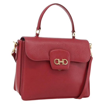 Salvatore Ferragamo Gancini Hand Bag Leather 2way Red Gold Auth 171837