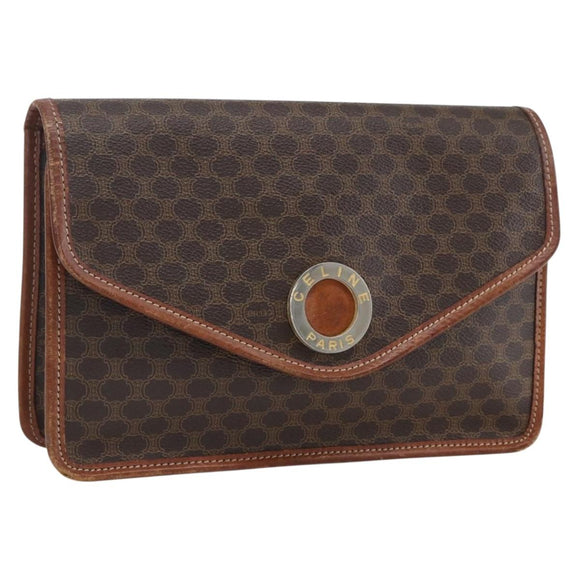 CELINE Macadam Canvas Circle Clutch Bag PVC Leder Braun Gold Auth 171869