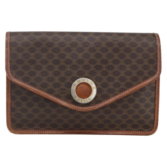 CELINE Macadam Canvas Circle Clutch Bag PVC Leder Braun Gold Auth 171869