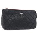 CHANEL Matelasse Pouch Lamb Skin Black Gold CC Auth 171878-1