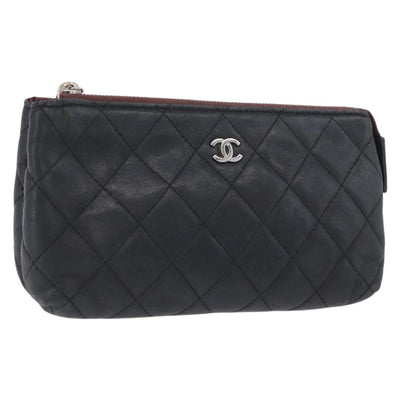 CHANEL Matelasse Pouch Lamb Skin Black Gold CC Auth 171878