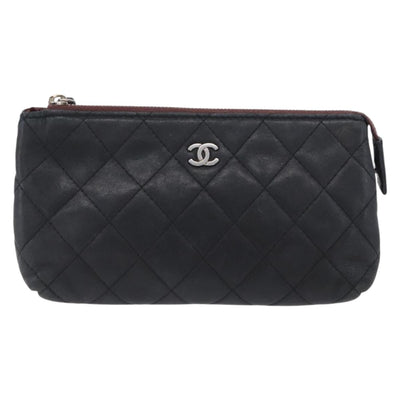 CHANEL Matelasse Pouch Lamb Skin Black Gold CC Auth 171878 - 0