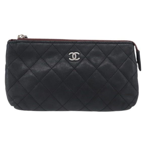 CHANEL Matelasse Pouch Lamb Skin Black Gold CC Auth 171878
