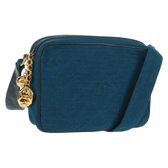CHANEL Matelassé Schoudertas Canvas Marineblauw Goud CC Auth 171908V