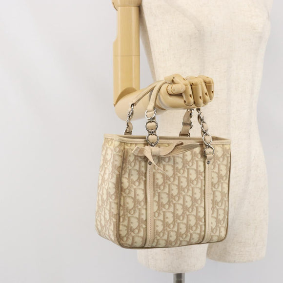 Christian Dior Trotter Canvas Romantic Handtasche PVC Beige Silber Auth 171915