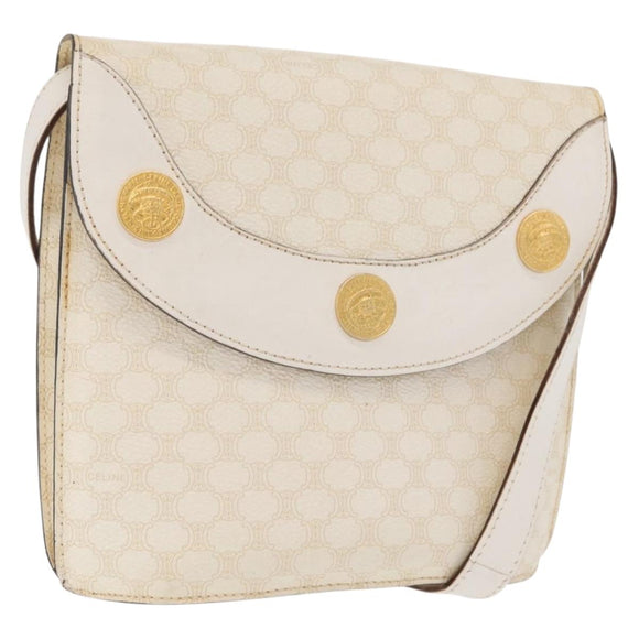 CELINE Macadam Canvas Shoulder Bag PVC Leather White Gold Auth 171965