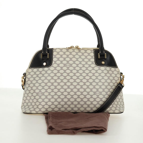 CELINE Macadam Canvas Hand Bag PVC Leather 2way White Gold Auth 171966A