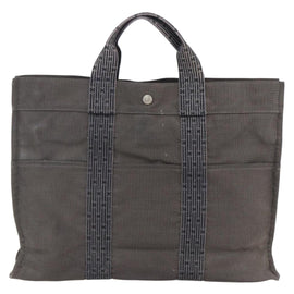 HERMES Her Line Tote MM Hand Bag Canvas Gray Silver Auth 171988 - 0