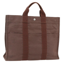 HERMES Her Line Tote MM Hand Bag Canvas Brown Silver Auth 171992