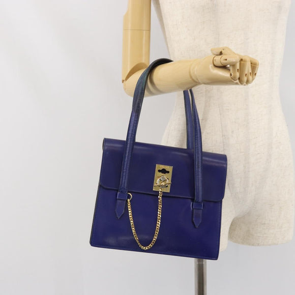 CELINE Hand Bag Leather Blue Gold Auth 171994