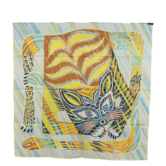 HERMES Carre 90 Scarf ""LE CHAT CARRE"" Silk Beige Auth 172015SAM