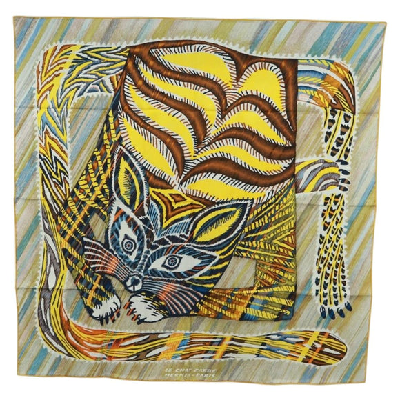 HERMES Carre 90 Scarf ""LE CHAT CARRE"" Silk Beige Auth 172015SAM