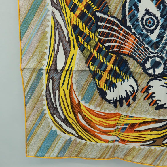 HERMES Carre 90 Scarf ""LE CHAT CARRE"" Silk Beige Auth 172015SAM