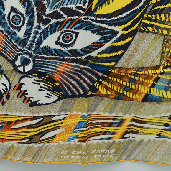 HERMES Carre 90 Scarf ""LE CHAT CARRE"" Silk Beige Auth 172015SAM