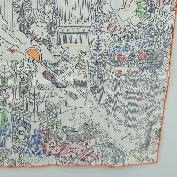 HERMES Carre 90 Scarf ""Animapolis"" Silk White Auth 172016SAM