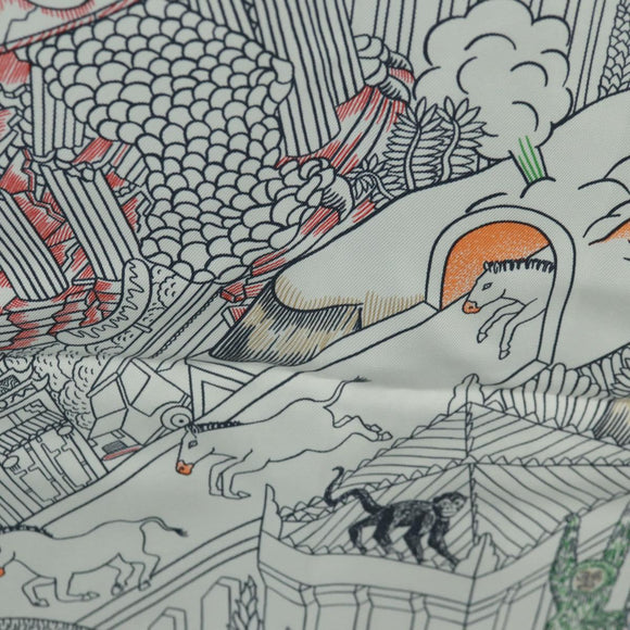 HERMES Carre 90 Scarf ""Animapolis"" Silk White Auth 172016SAM