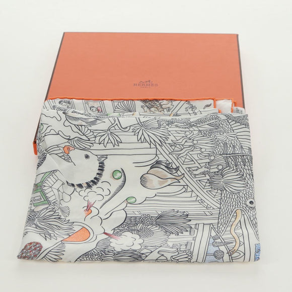 HERMES Carre 90 Scarf ""Animapolis"" Silk White Auth 172016SAM