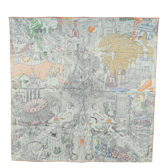 HERMES Carre 90 Scarf ""Animapolis"" Silk White Auth 172016SAM